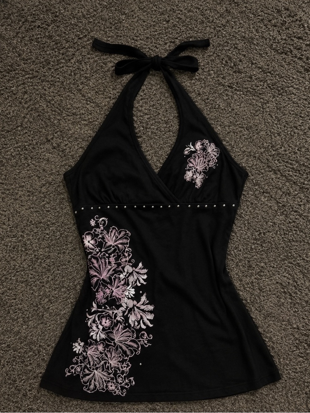 Black Halter Swim Coverup with Pink Floral Accents